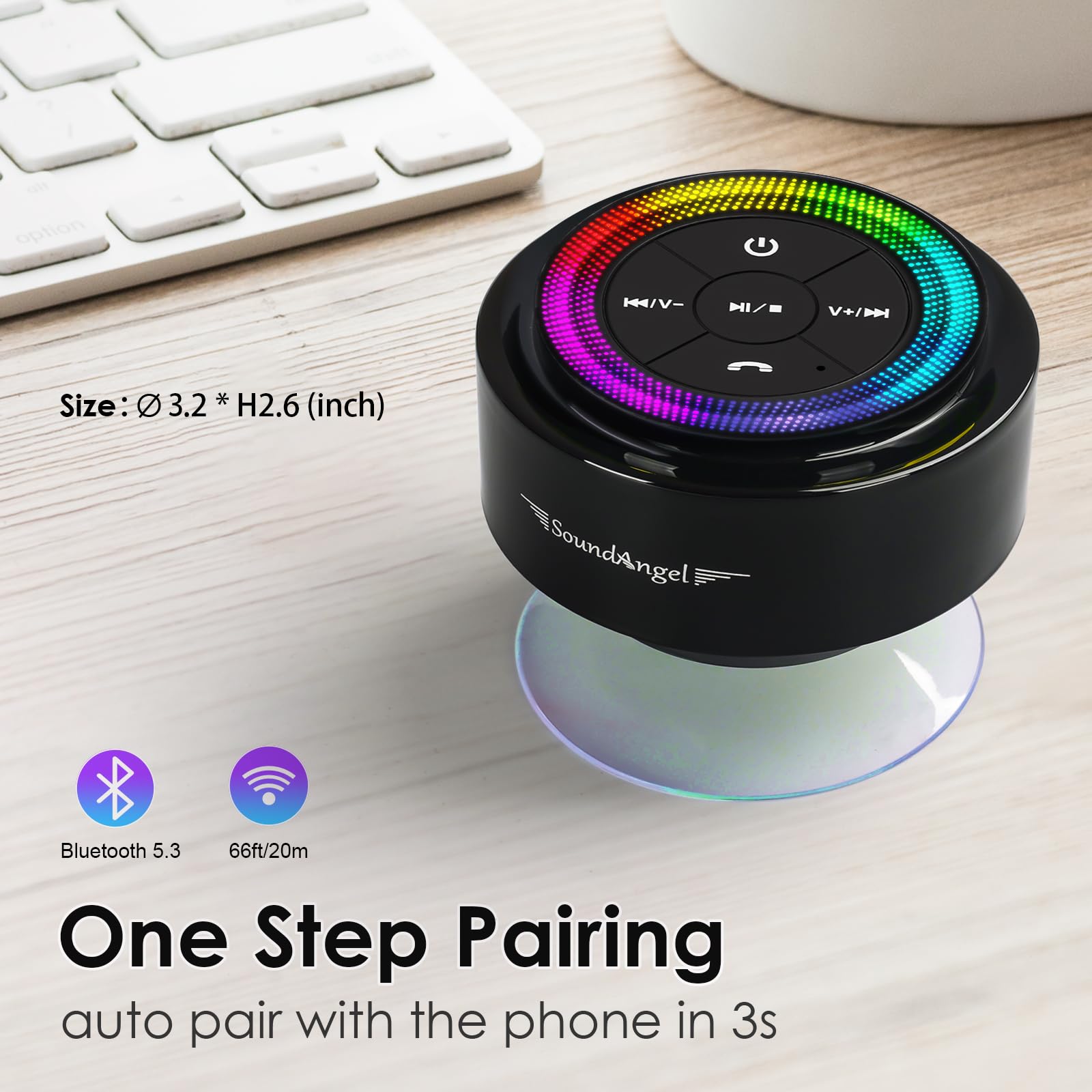 Enceinte Bluetooth de douche waterproof — ventouse, flottante, lumières RGB