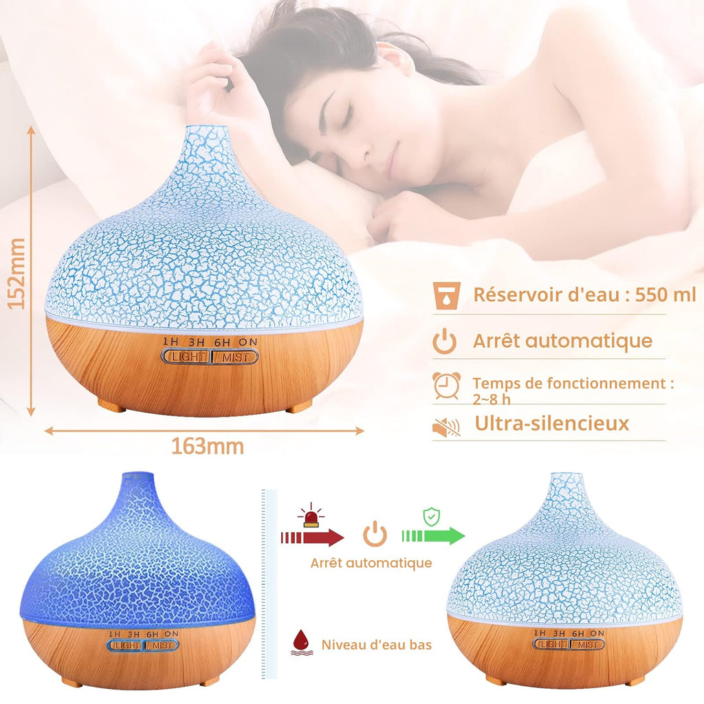 Diffuseur d'arômes 3-en-1 550 ml — humidificateur ultrasons, 7 couleurs LED, télécommande, arrêt auto