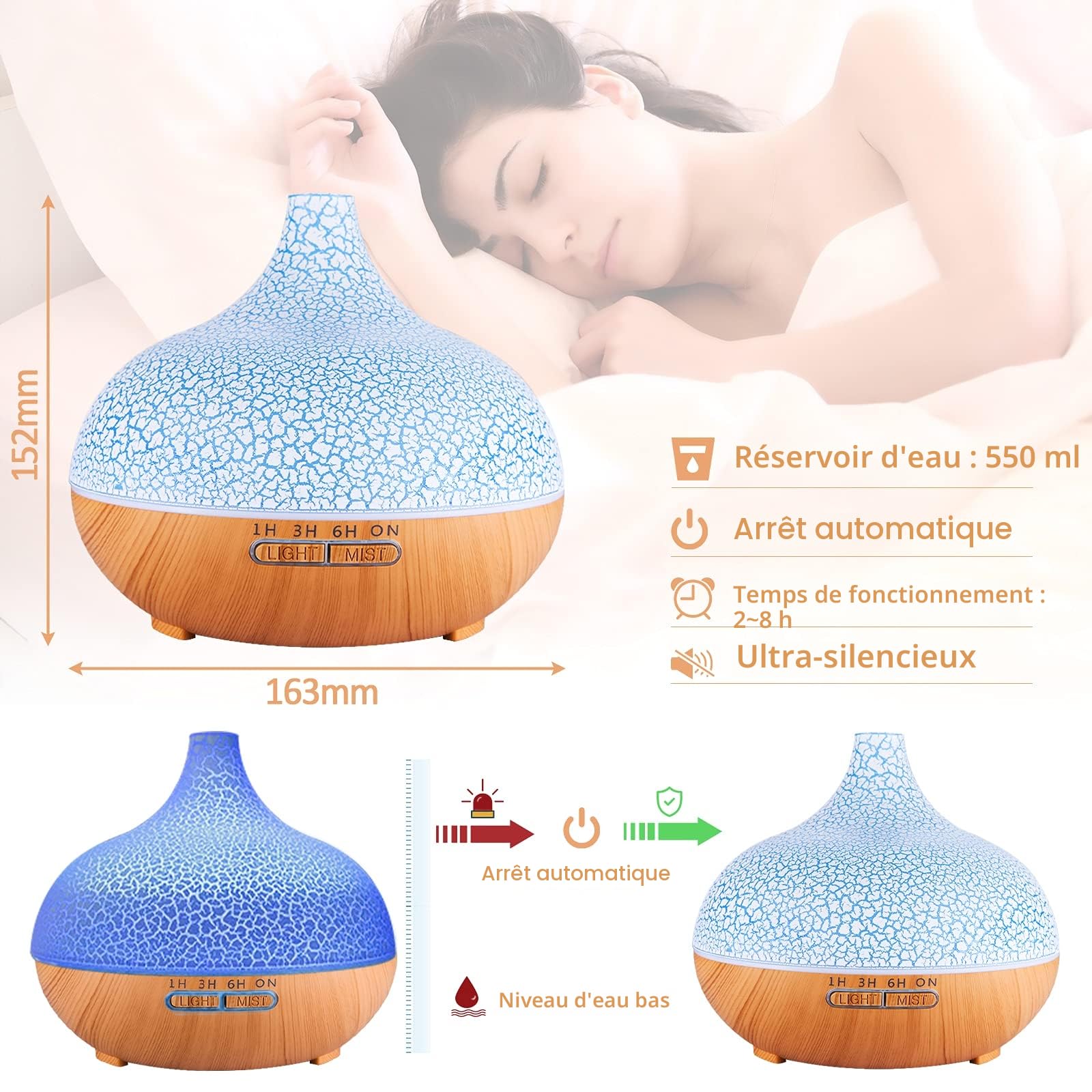 Diffuseur d'arômes 3-en-1 550 ml — humidificateur ultrasons, 7 couleurs LED, télécommande, arrêt auto