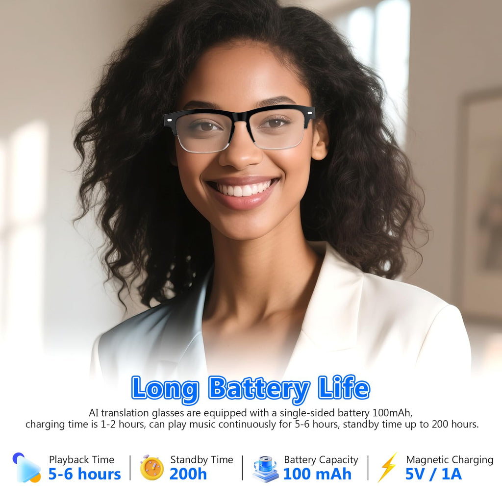 Lunettes connectées IA audio — traduction 164 langues, verres photochromiques