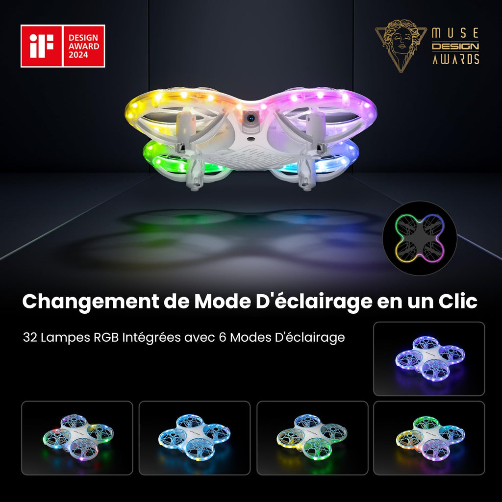Drone caméra 1080P FPV — 32 LED RGB, flip 3D, vol circulaire, app STEM