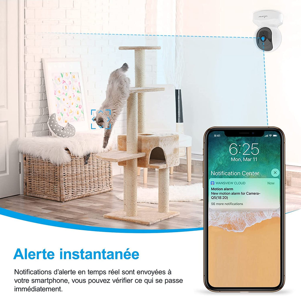 Caméra intérieure WiFi 2K PTZ — détection humaine IA, vision nocturne, audio bidirectionnel, alertes en temps réel
