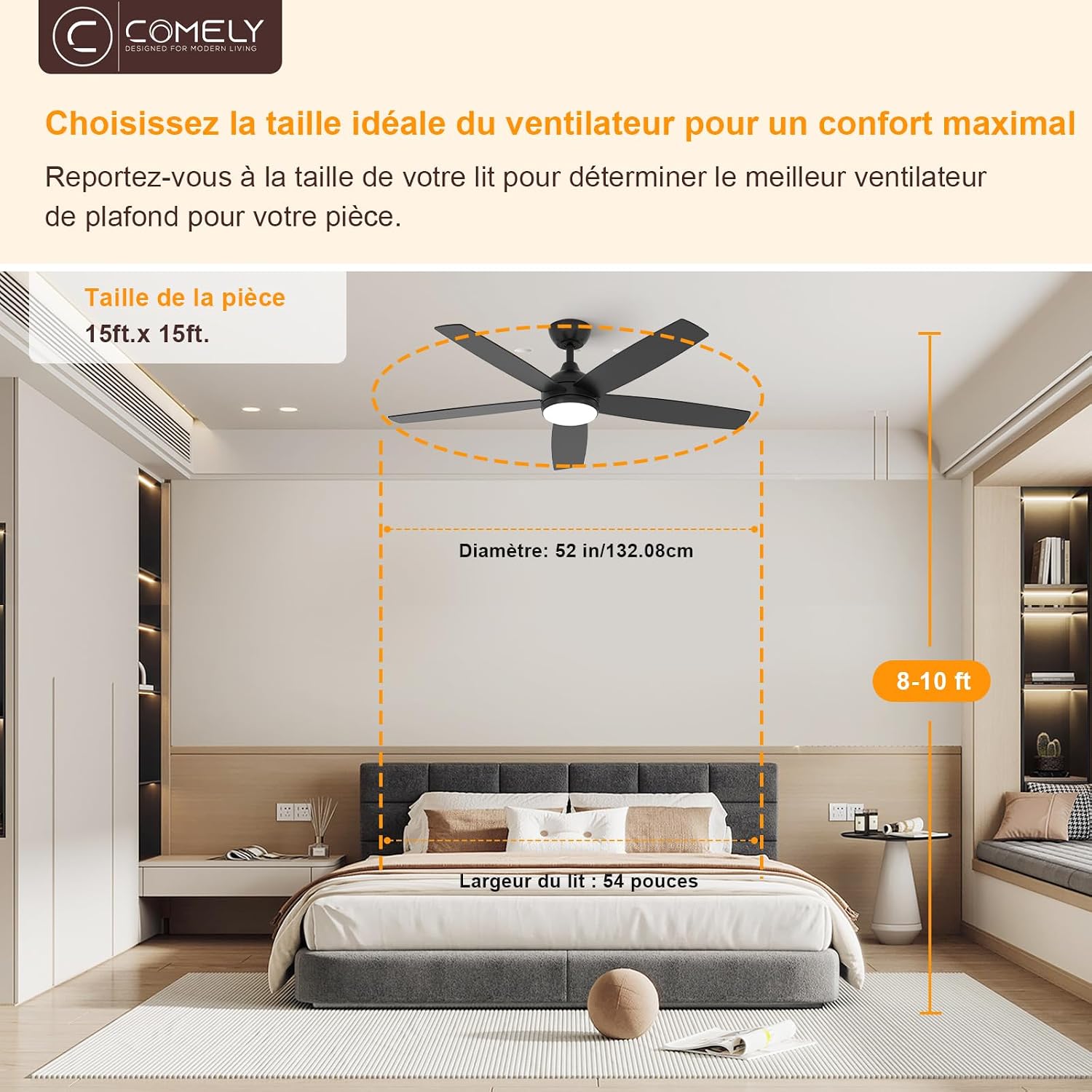 Ventilateur de plafond 132 cm LED — moteur DC silencieux été/hiver — vue 7