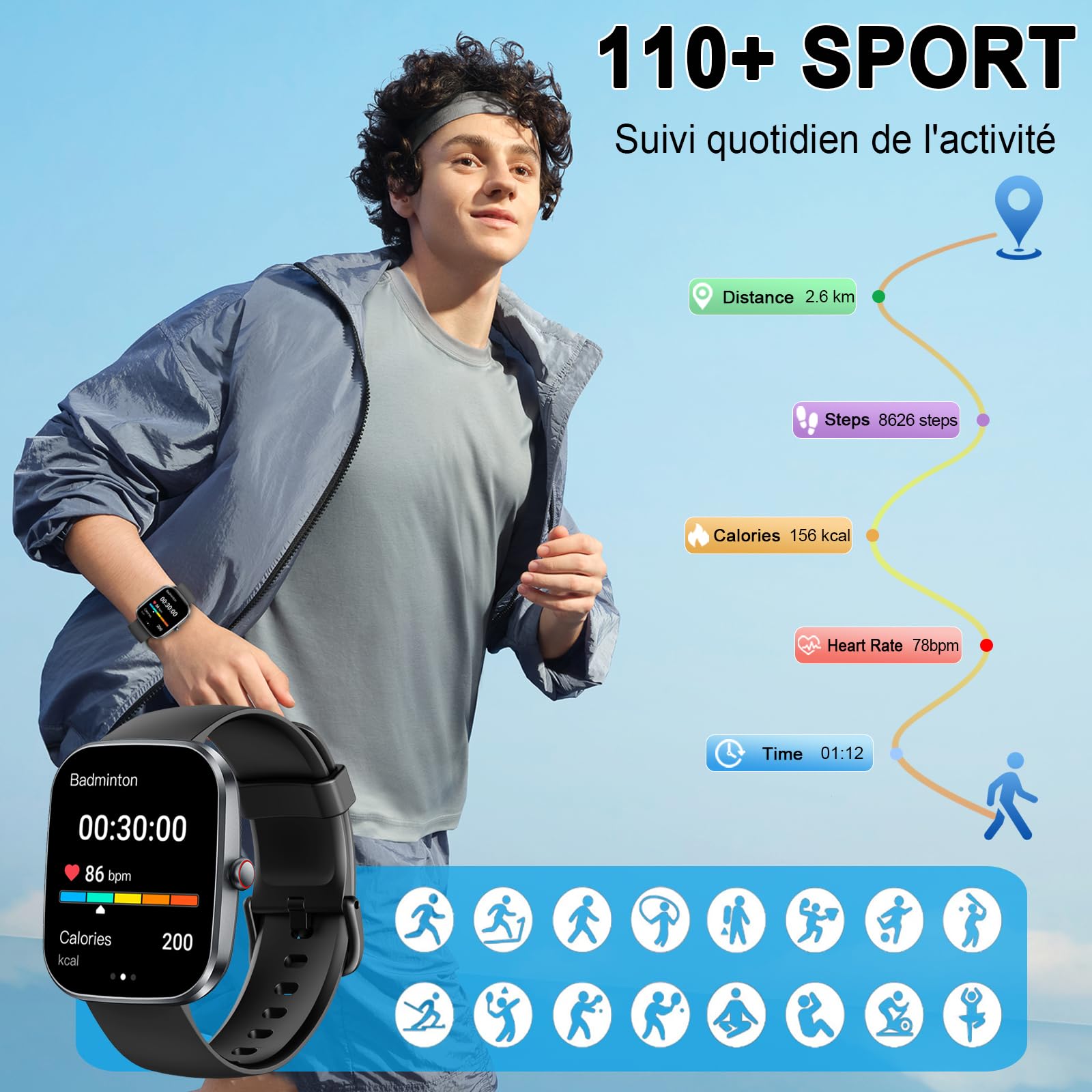Montre connectée homme femme appel Bluetooth sport fitness tracker