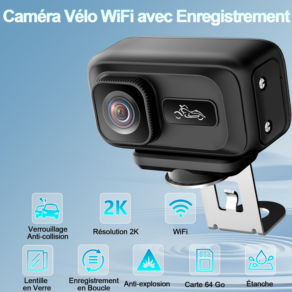 Caméra moto WiFi 2K grand angle 120° verrouillage urgence sport route