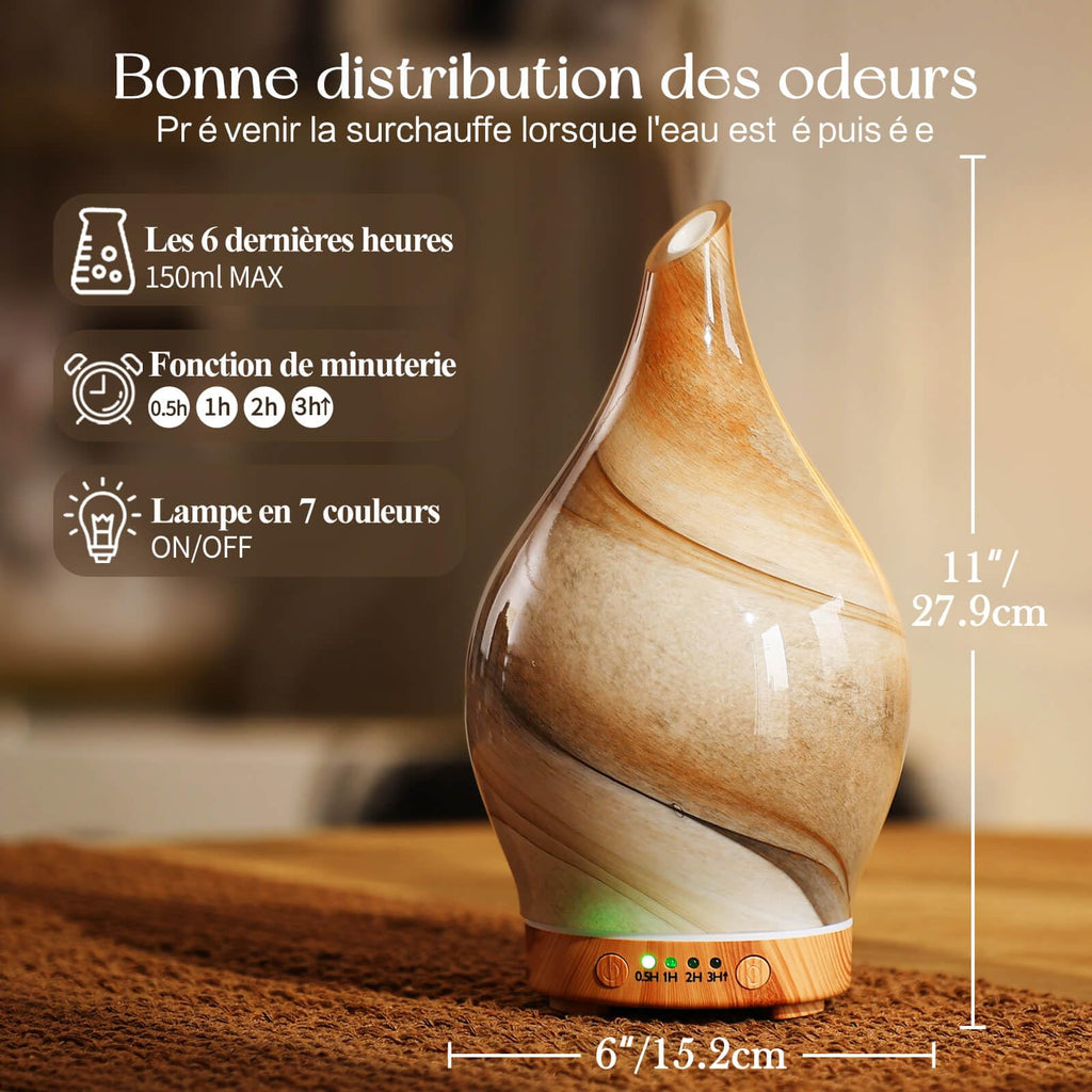 Diffuseur d'arômes en verre soufflé main 100 ml — ultrasons, 7 couleurs LED apaisantes