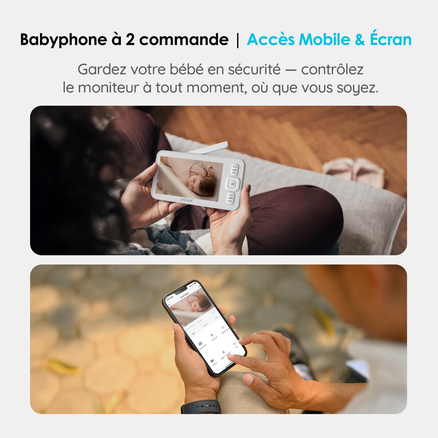 Babyphone caméra vidéo écran 4,3" — PTZ 360°, vision nocturne, audio bidirectionnel, app smartphone