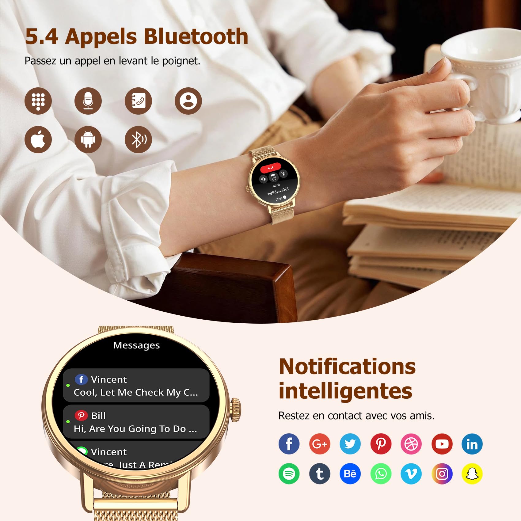 Montre connectée femme appel Bluetooth écran HD 1,26 pouces Bluetooth 5.4