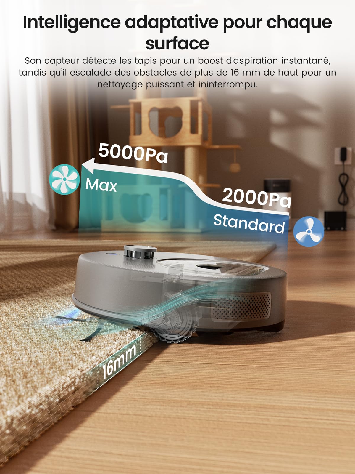 Robot aspirateur laveur 3 en 1 5000Pa navigation LiDAR cartographie auto
