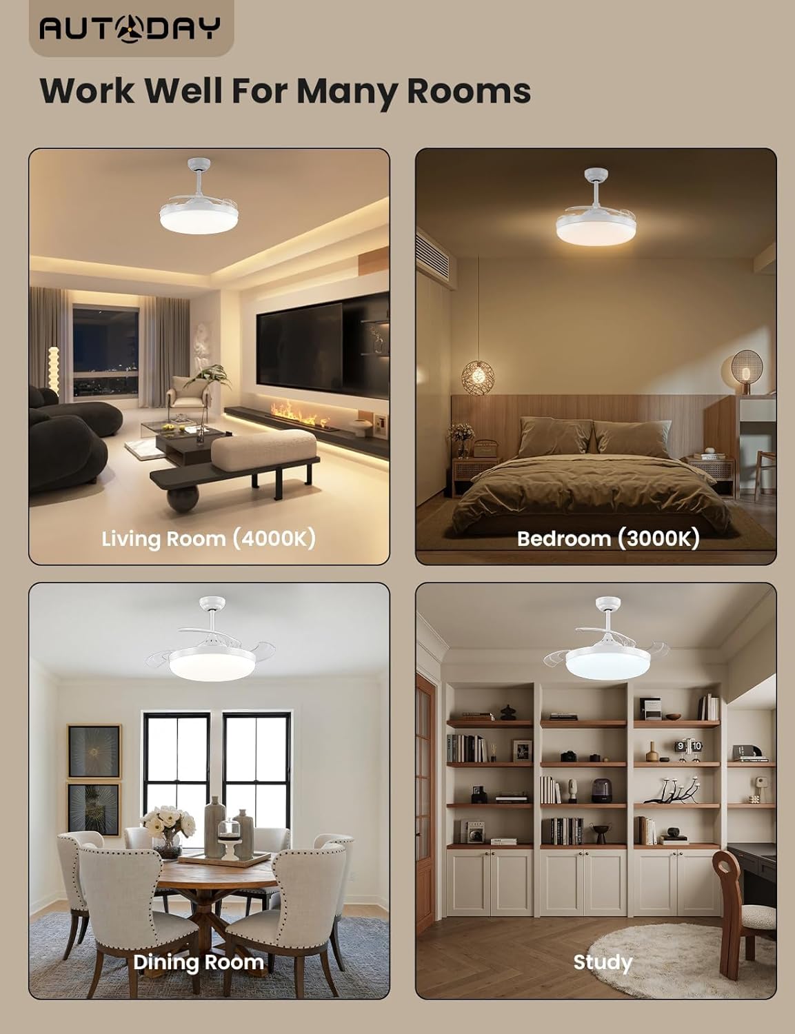 Ventilateur de plafond invisible pales rétractables — LED discret — vue 7