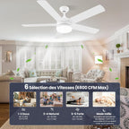 Ventilateur de plafond 152 cm blanc/bois LED — silencieux, 6 vitesses — vue 2