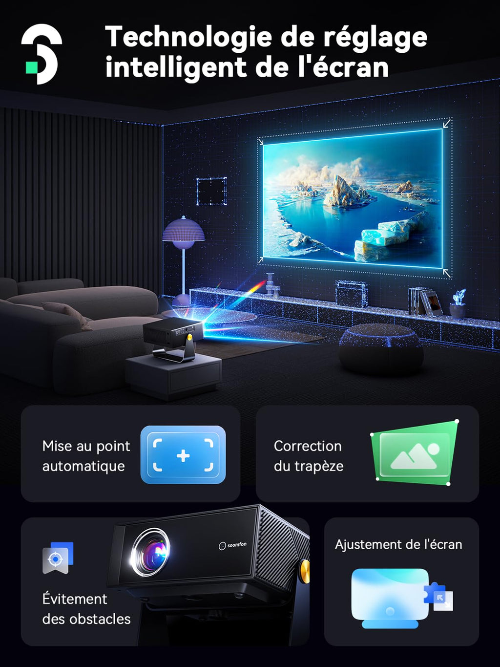 Vidéoprojecteur home cinéma 1080P natif (4K pris en charge) — HDR10 & HLG, alignement intelligent, compatible Netflix