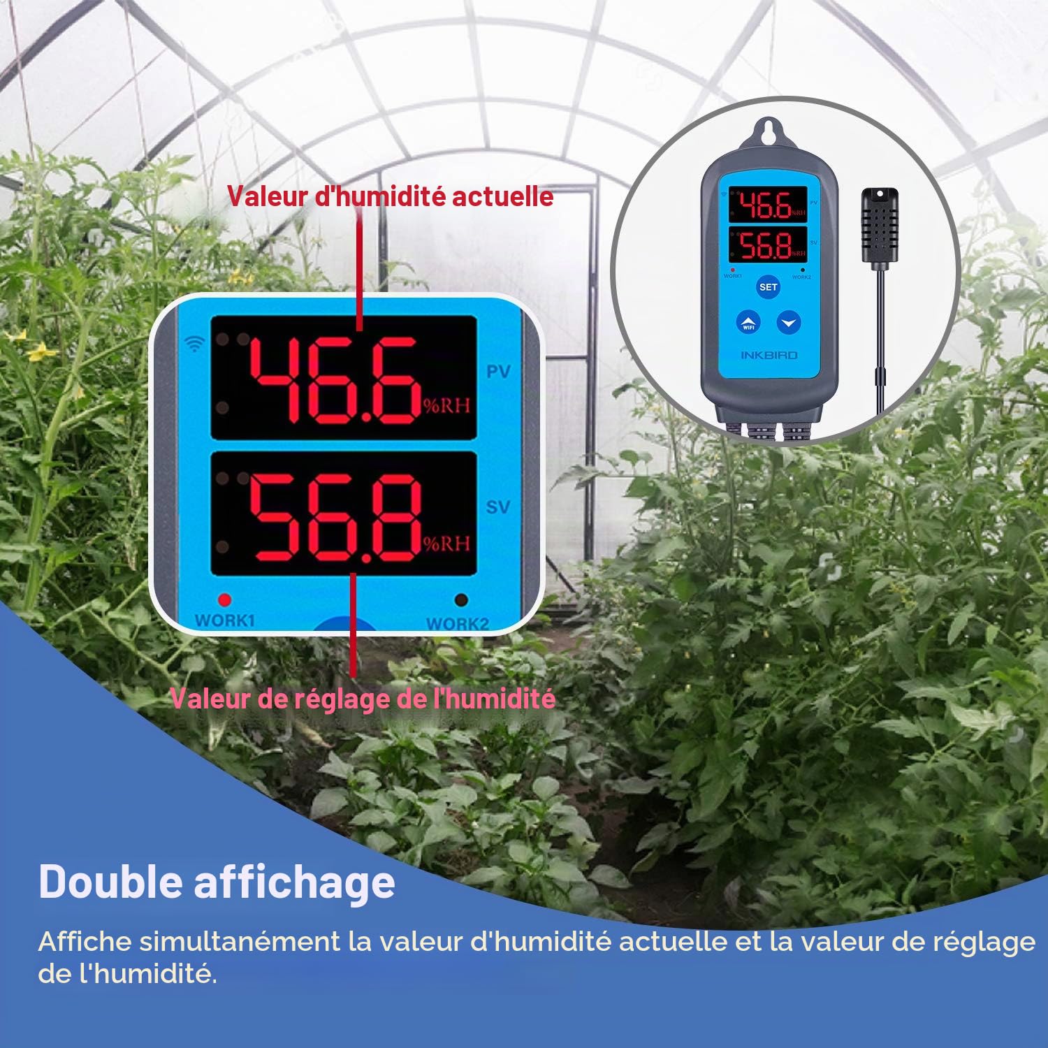 Prise hygrostat connectée WiFi — sonde d'humidité, contrôle app, double relais humidificateur/déshumidificateur