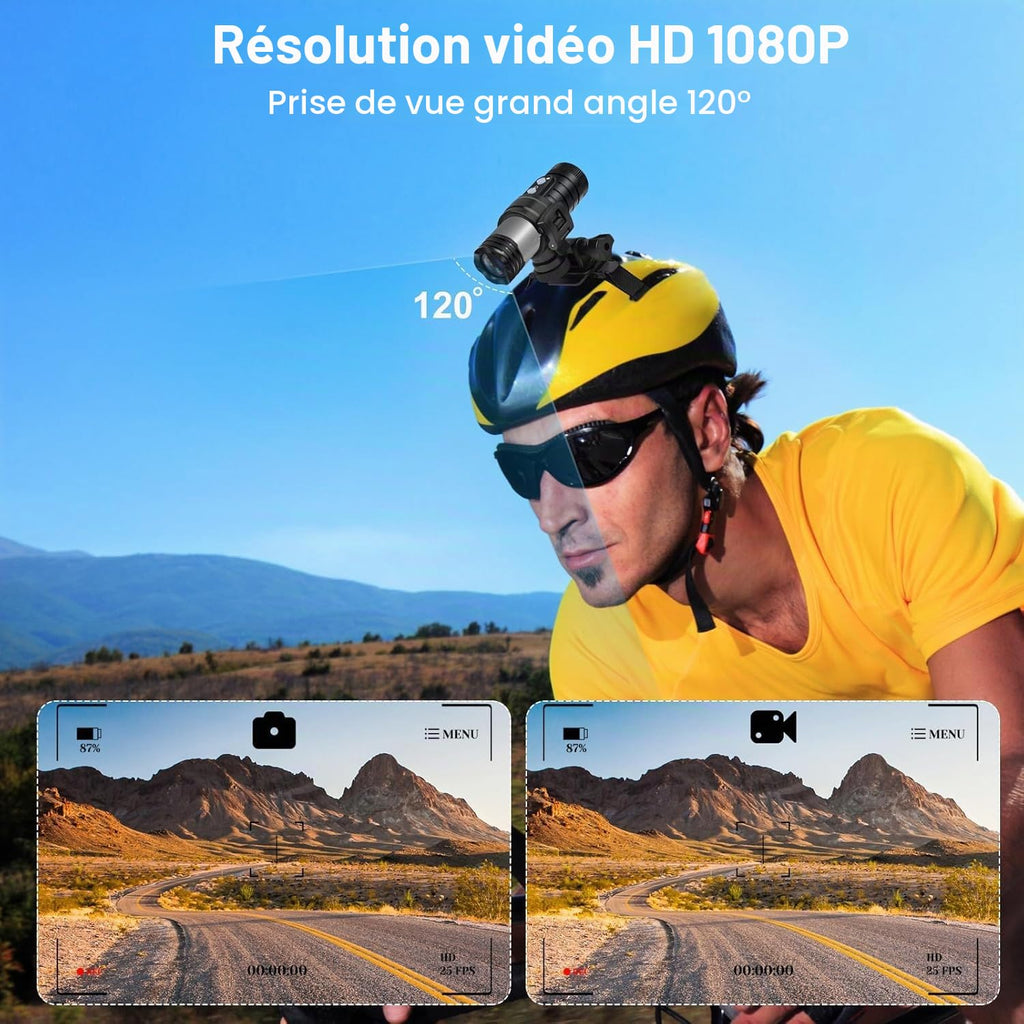 Caméra sport tubulaire 1080P étanche — WiFi, stabilisation EIS, compression H.265, batterie 1600 mAh