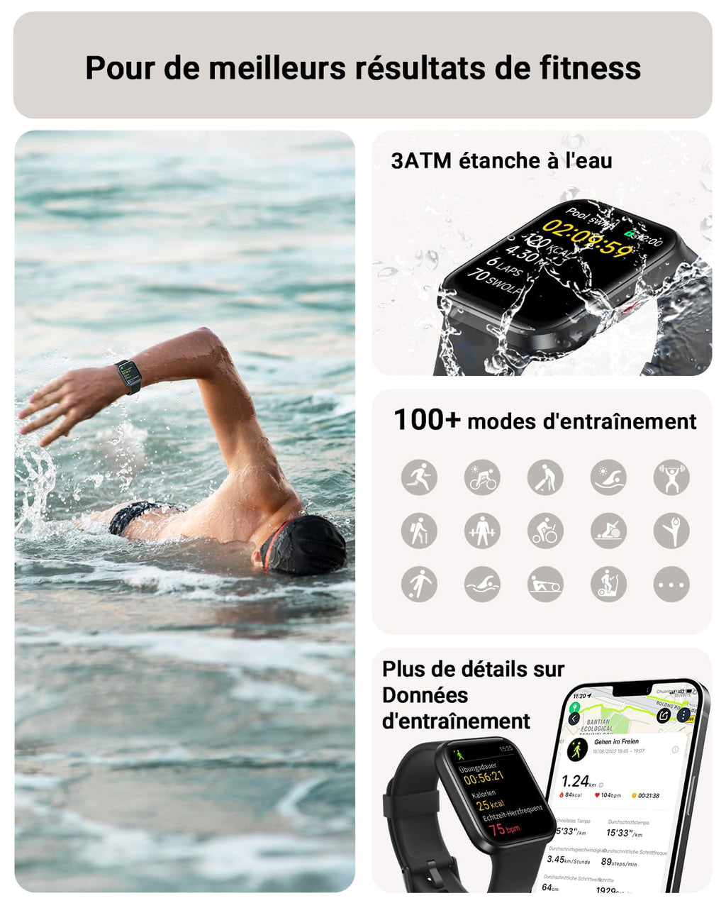 Montre connectée homme femme 1,85" Alexa — 100+ modes sport, SpO2, 3ATM