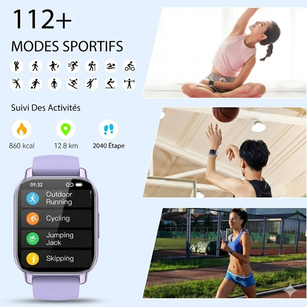 Montre connectée homme femme 1,85 pouces HD appel Bluetooth suivi sommeil