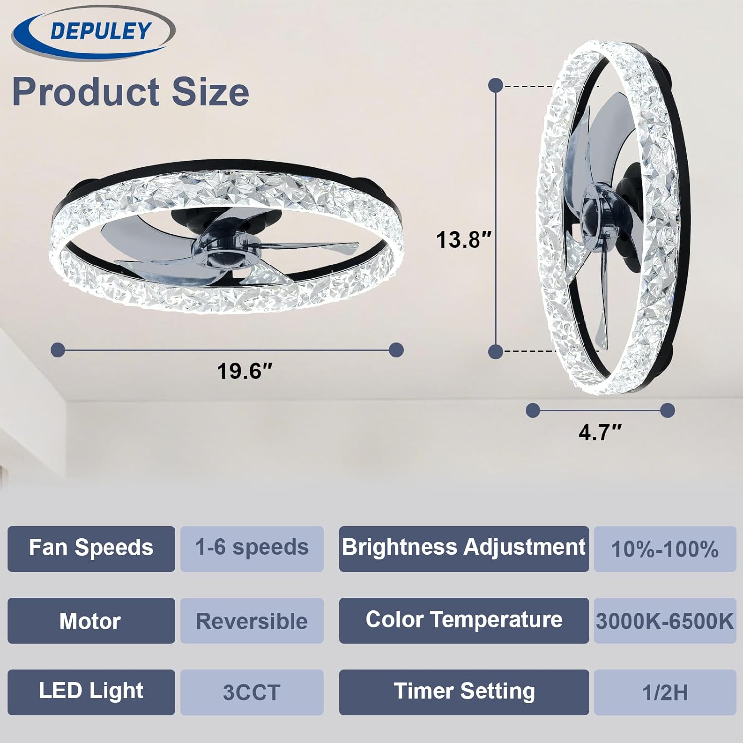 Ventilateur de plafond profil bas LED noir — appli et télécommande — vue 2