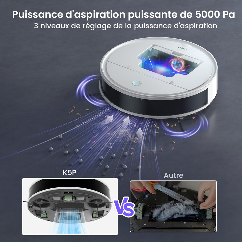 Robot aspirateur 5000Pa 180min ultra-mince 7.7cm évitement obstacles