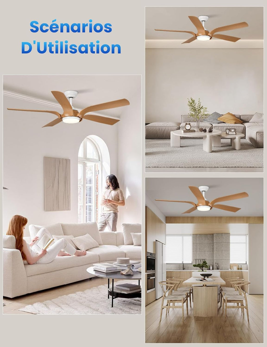 Ventilateur de plafond 142 cm télécommande LED — bois clair silencieux — vue 6