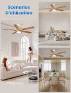 Ventilateur de plafond 142 cm télécommande LED — bois clair silencieux — vue 6
