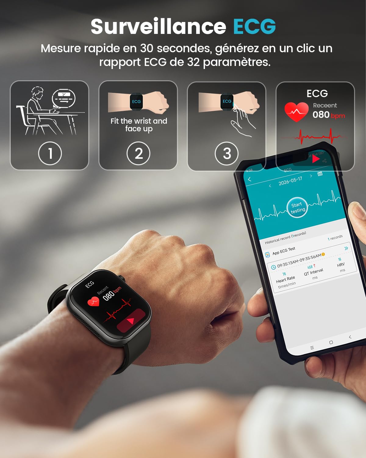 Montre connectée homme ECG HRV glycémie tension artérielle GPS sport