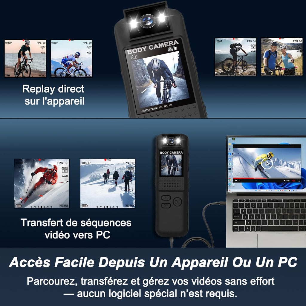 Mini caméra sport 1080P clip — objectif rotatif 180°, vision nocturne, fixation magnétique, 64 Go inclus