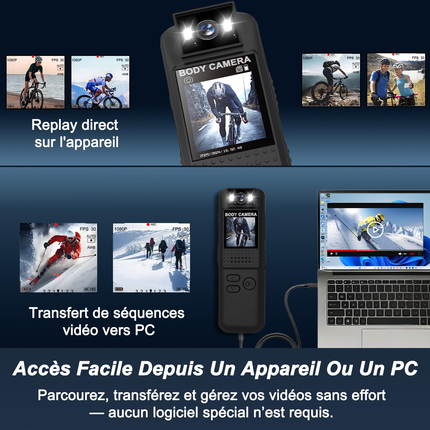 Mini caméra sport 1080P clip — objectif rotatif 180°, vision nocturne, fixation magnétique, 64 Go inclus