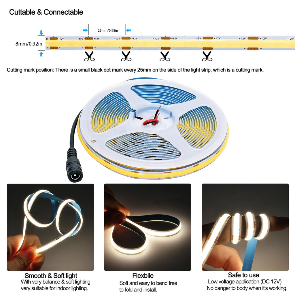 Ruban LED COB blanc naturel 4000K 5 m — 480 LED/m, 5000 lm, 12V basse tension, découpable
