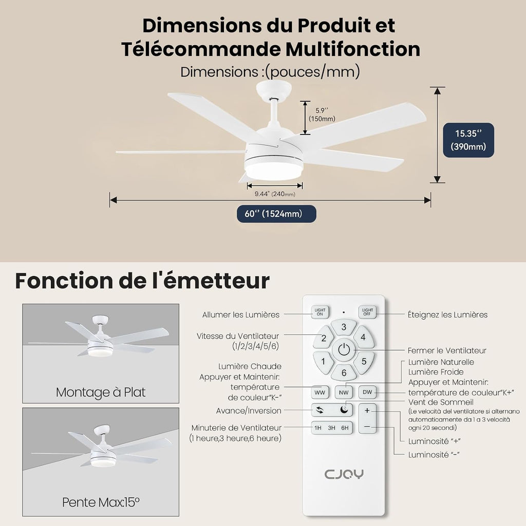 Ventilateur de plafond 152 cm blanc/bois LED — silencieux, 6 vitesses — vue 7