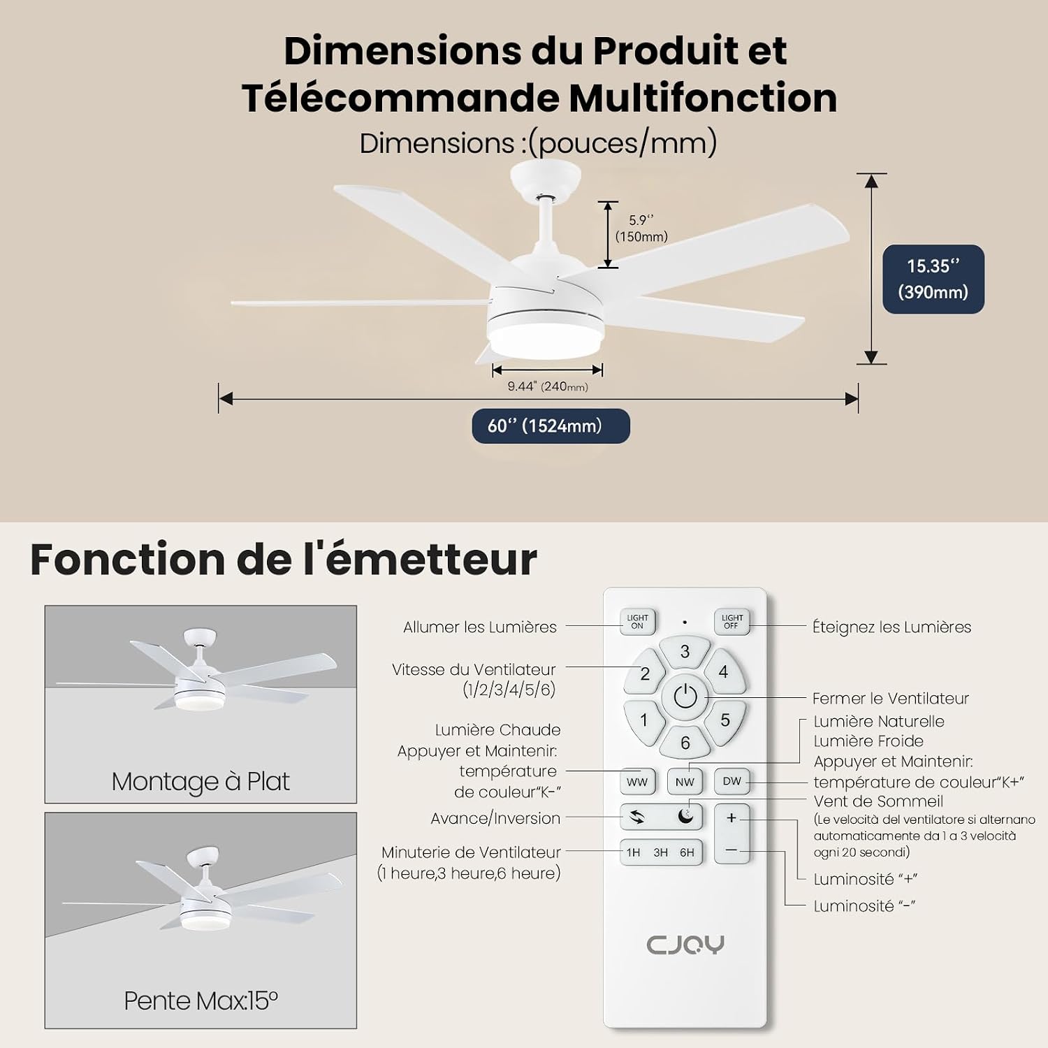 Ventilateur de plafond 152 cm blanc/bois LED — silencieux, 6 vitesses — vue 7