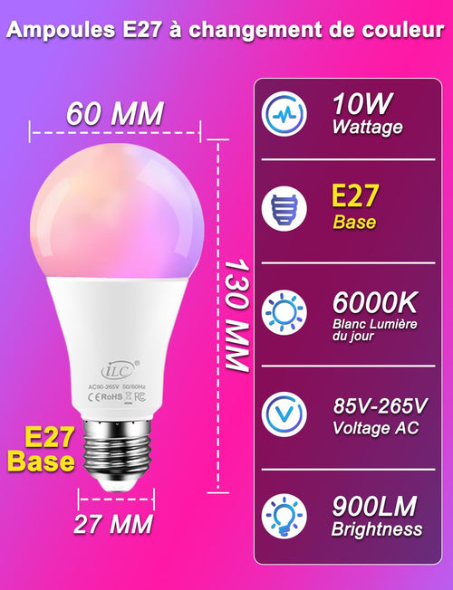 Ampoule LED RGB télécommandée 900lm 6000K couleurs changeantes E27