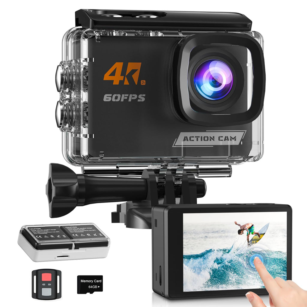 Caméra action 4K zoom 8X écran tactile — étanche 40 m, stabilisation 6 axes, WiFi 60fps + télécommande