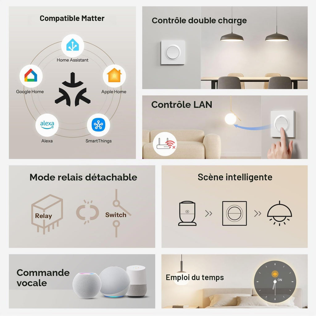 Interrupteur lumière intelligent Matter 2 canaux WiFi compatible Alexa