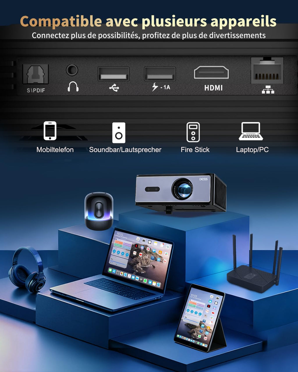 Vidéoprojecteur 4K 1080P natif 1200 ANSI extérieur jardin chambre smart