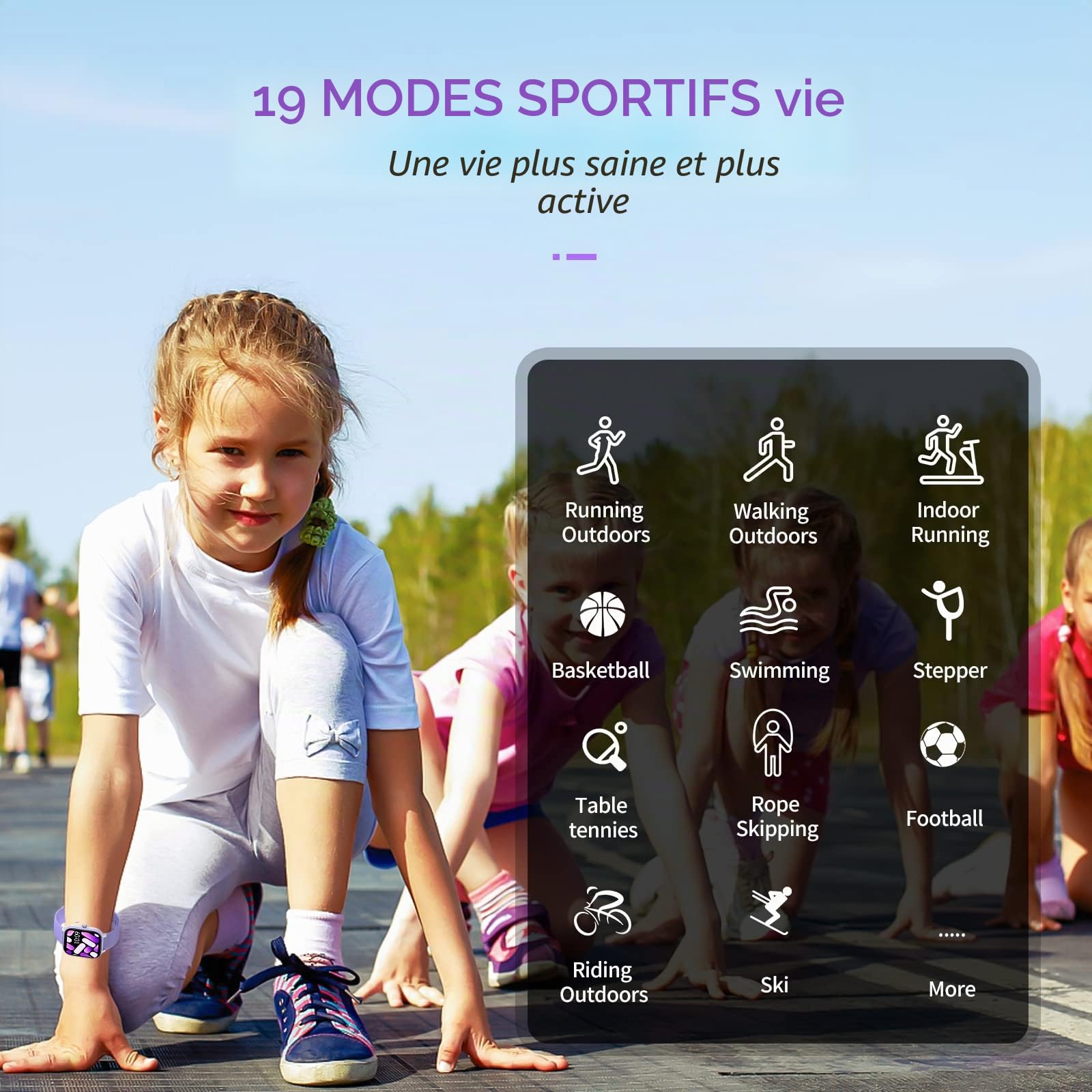 Montre connectée enfant IP68 — 19 modes sport, podomètre, cardio, sommeil