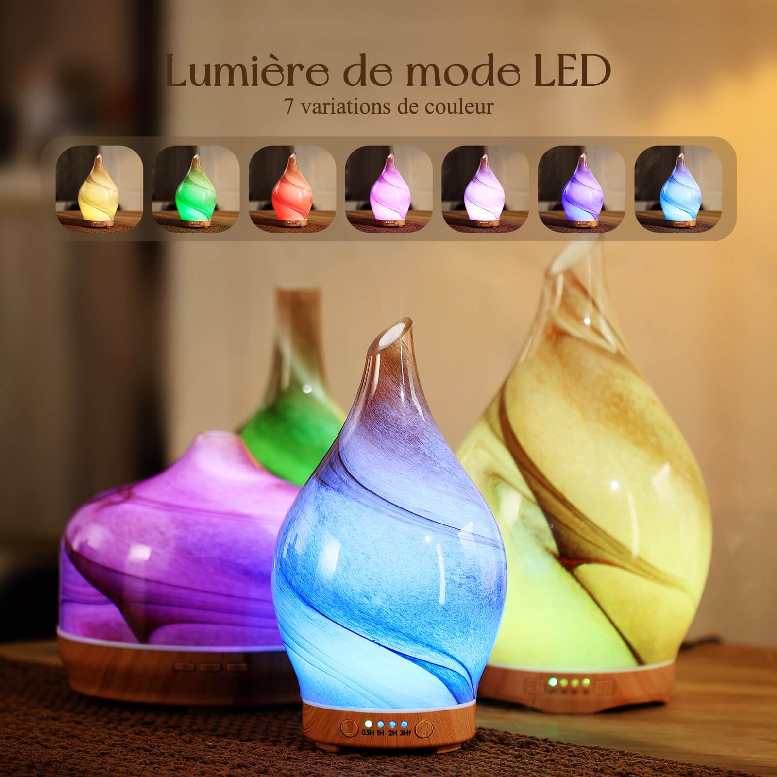 Diffuseur d'arômes en verre soufflé main 100 ml — ultrasons, 7 couleurs LED apaisantes
