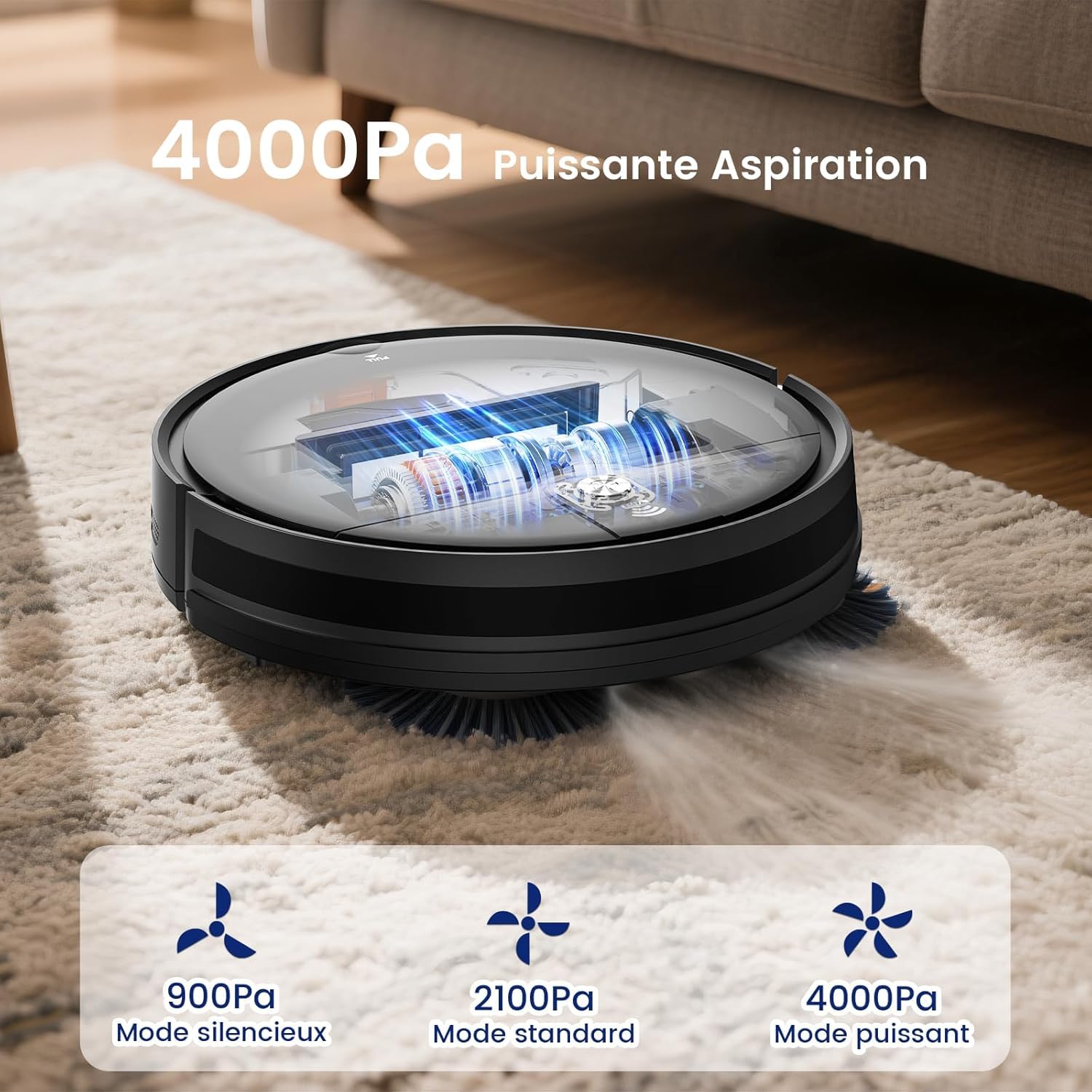 Robot aspirateur laveur 2 en 1 4000Pa 120min navigation obstacle fin