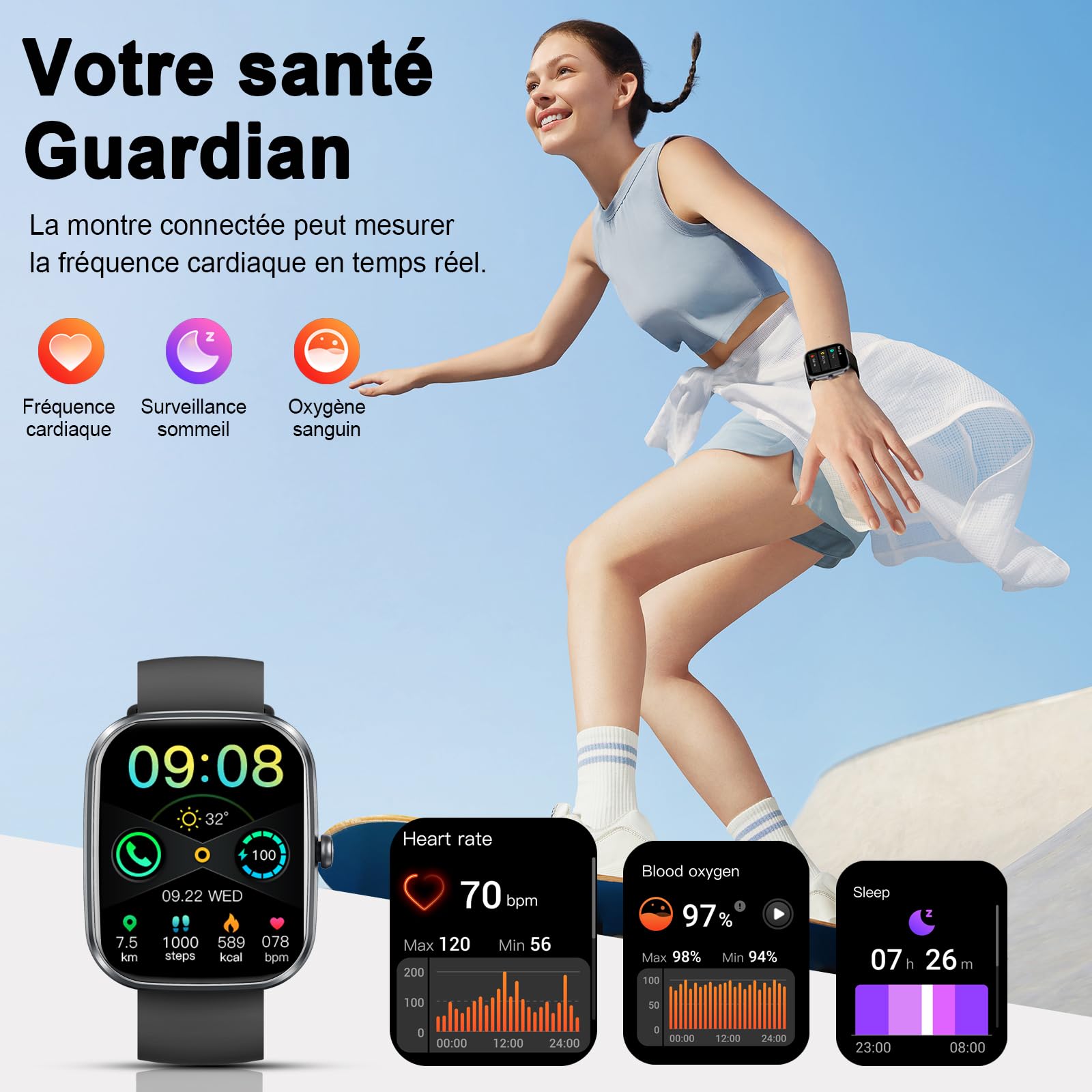 Montre connectée homme 1,91" HD — appels Bluetooth, cardio, 110 modes sport, IP68