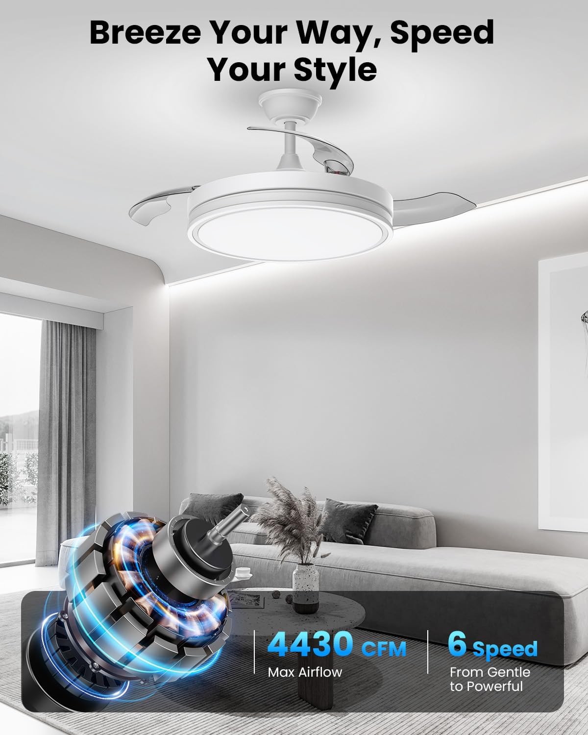 Ventilateur de plafond rétractable 106 cm LED — silencieux 6 vitesses — vue 4