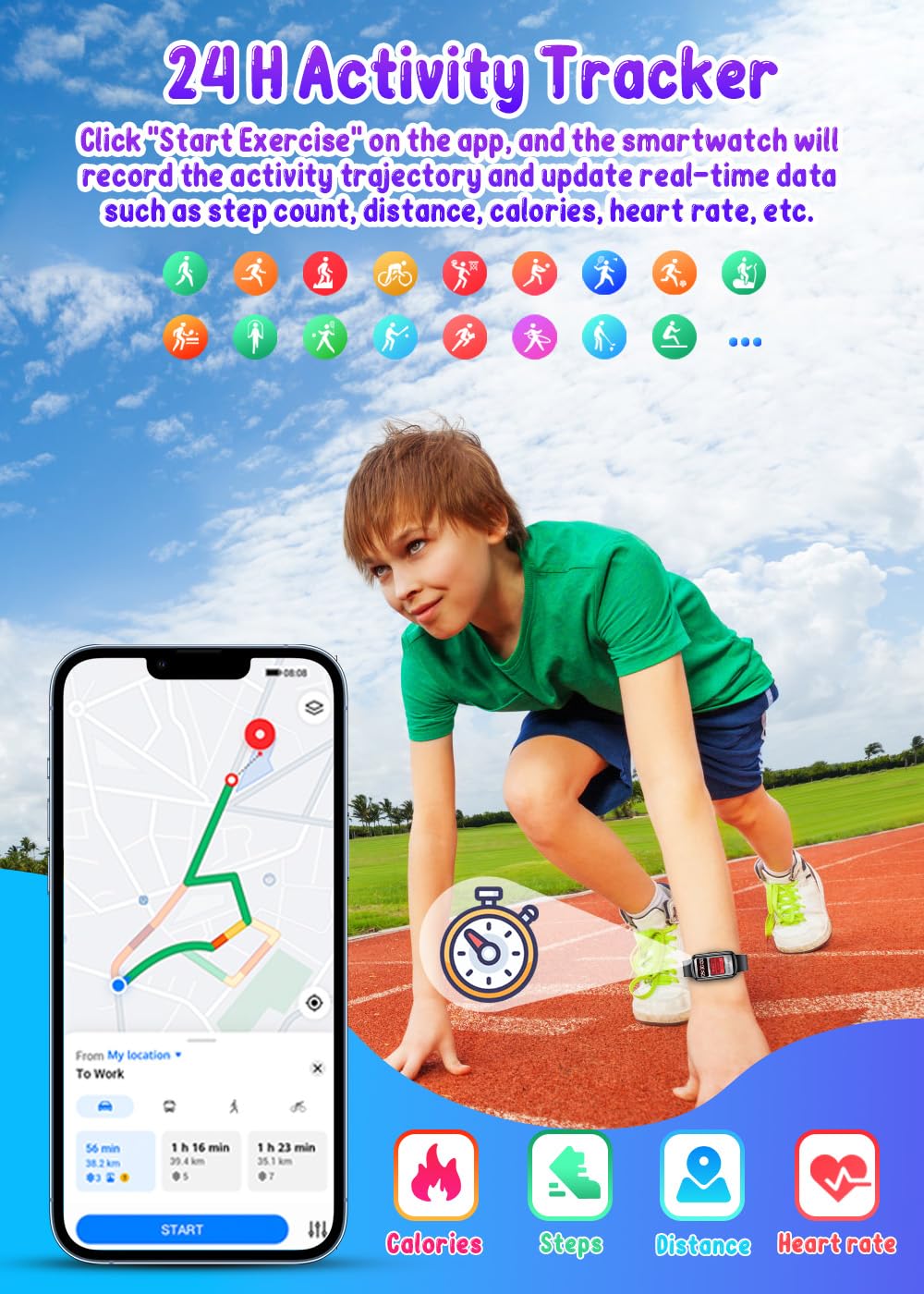 Montre connectée enfant sport 1,47" — podomètre, sommeil, rappels (fille garçon)