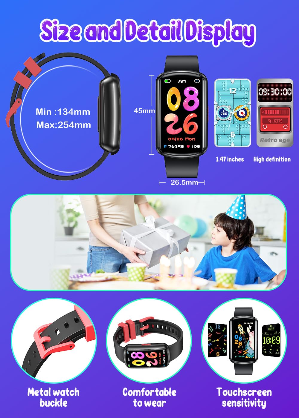 Montre connectée enfant sport 1,47" — podomètre, sommeil, rappels (fille garçon)