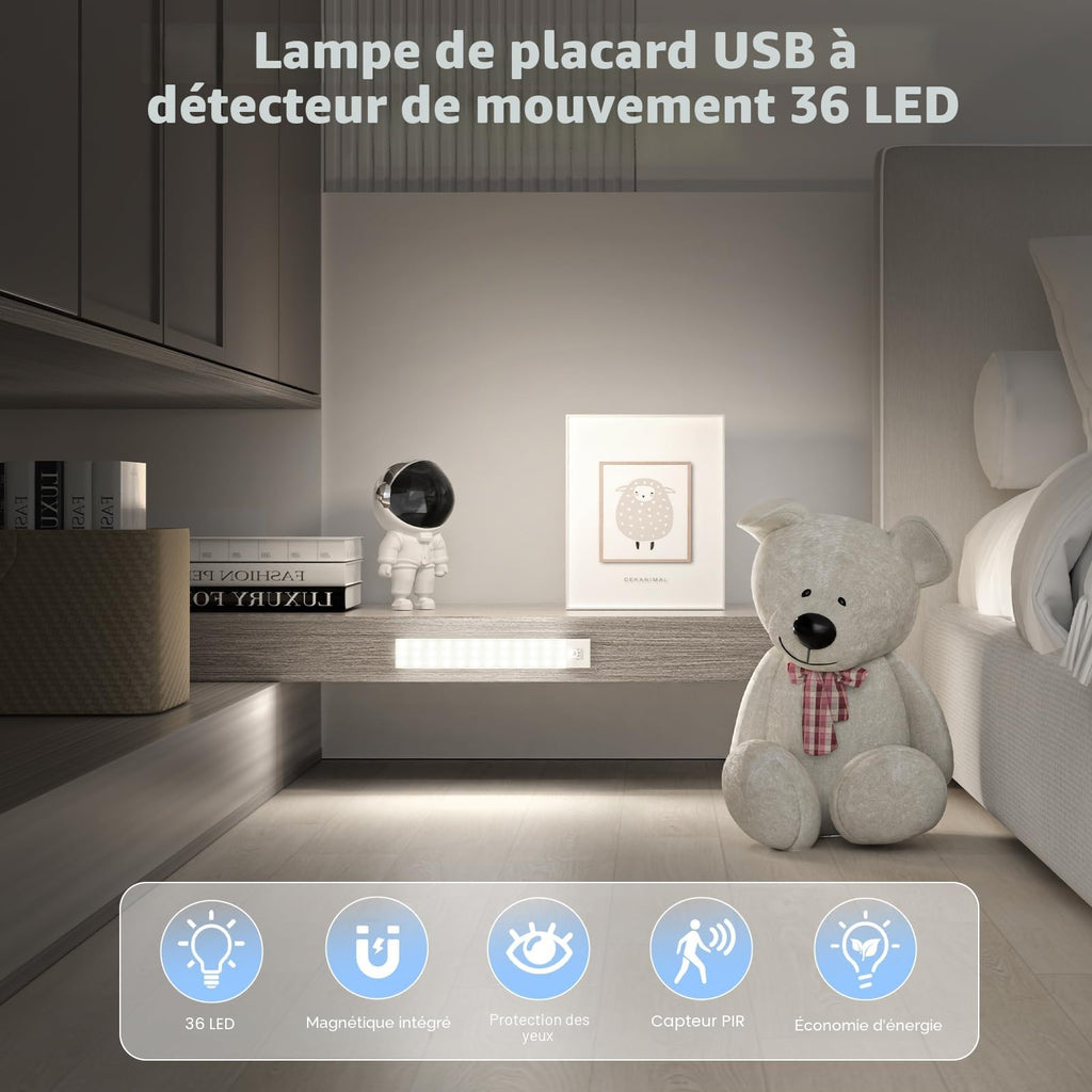 Réglettes LED à détecteur de mouvement (lot de 2) — 36 LED, 5000K, rechargeables USB, sans fil, aimantées