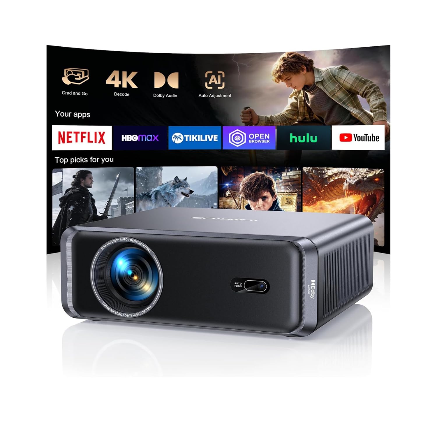 Vidéoprojecteur 4K 1000 ANSI Netflix Dolby Audio FHD intelligent