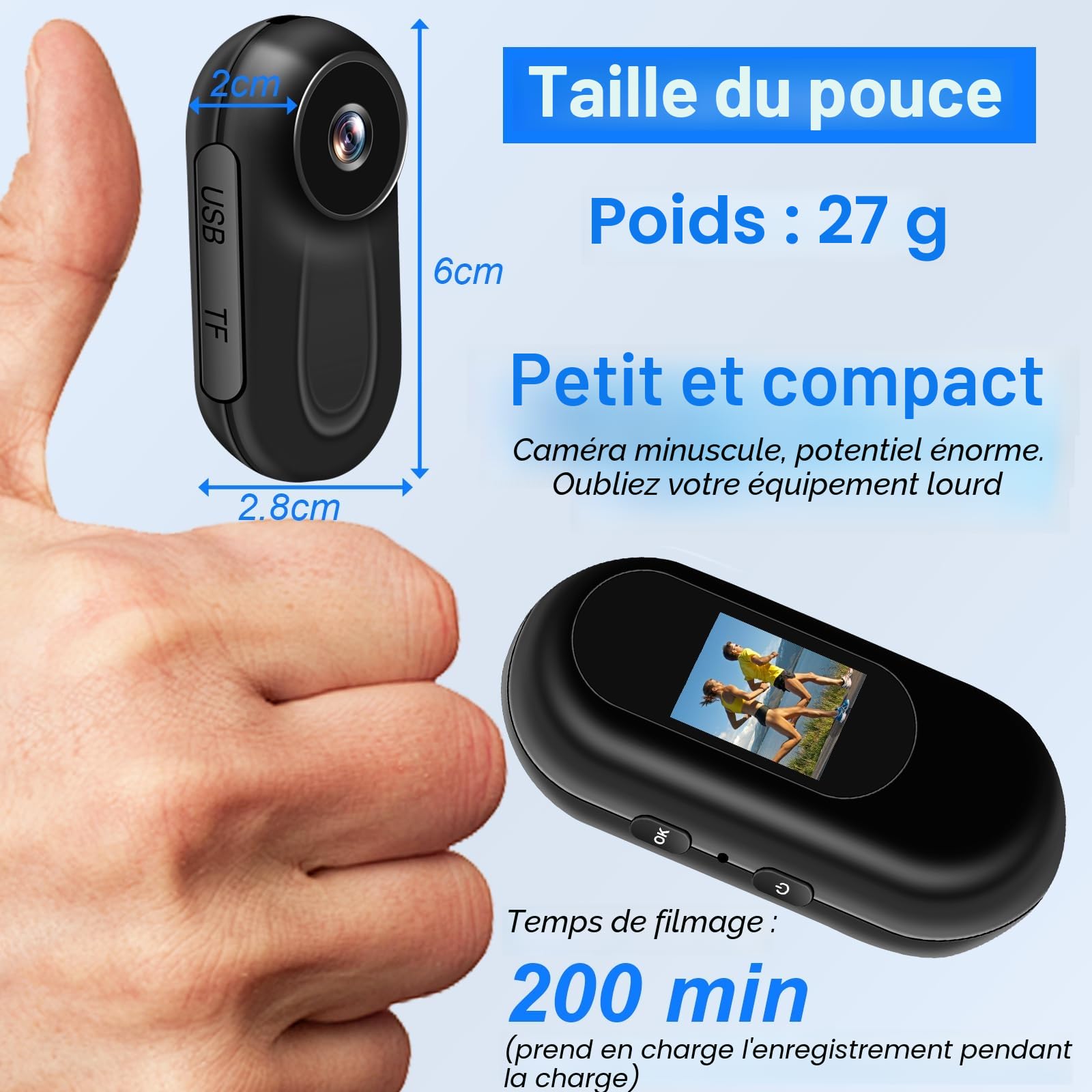 Mini caméra casque 1080P 27 g — écran HD, longue autonomie, kit de fixations universel