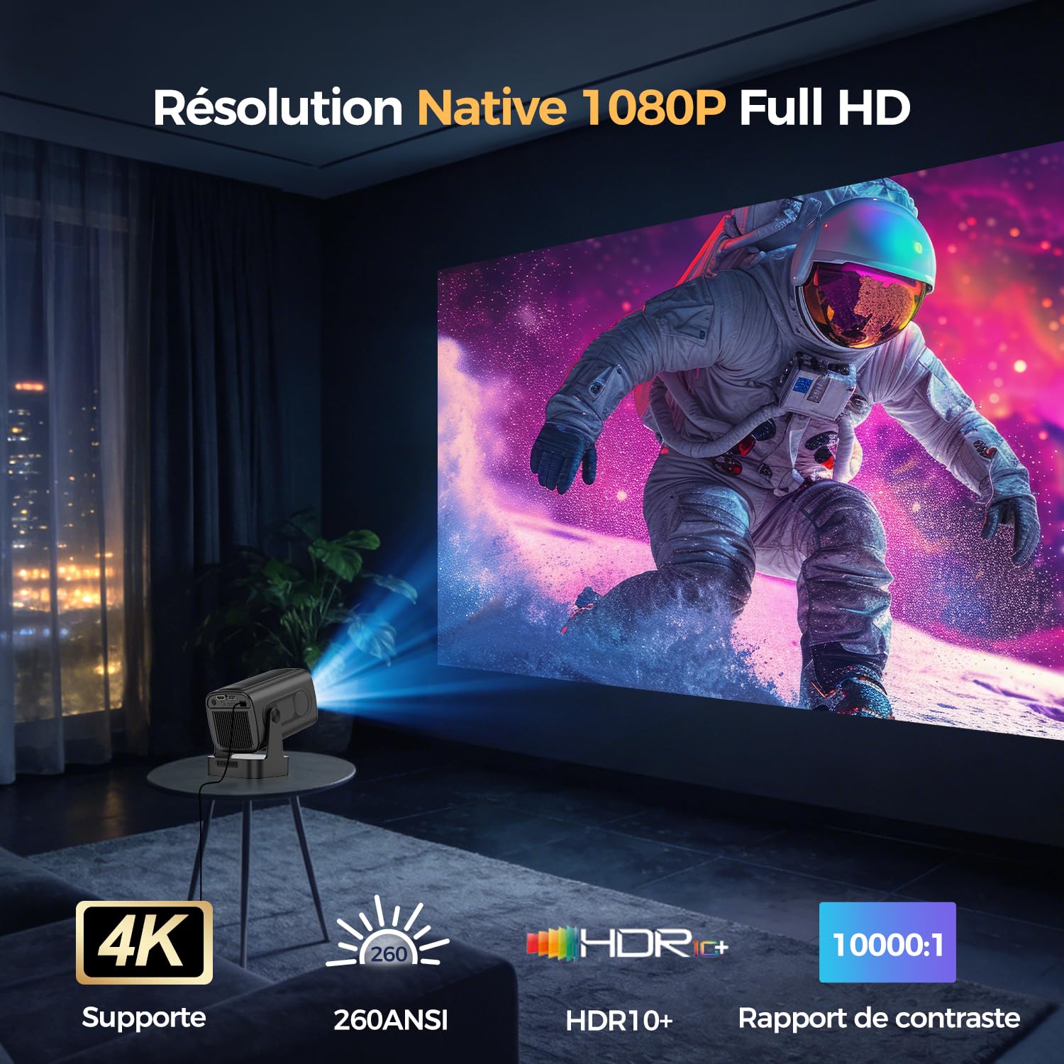 Mini vidéoprojecteur Android 1080P natif (4K pris en charge) — WiFi 6, Bluetooth 5.4, mise au point automatique