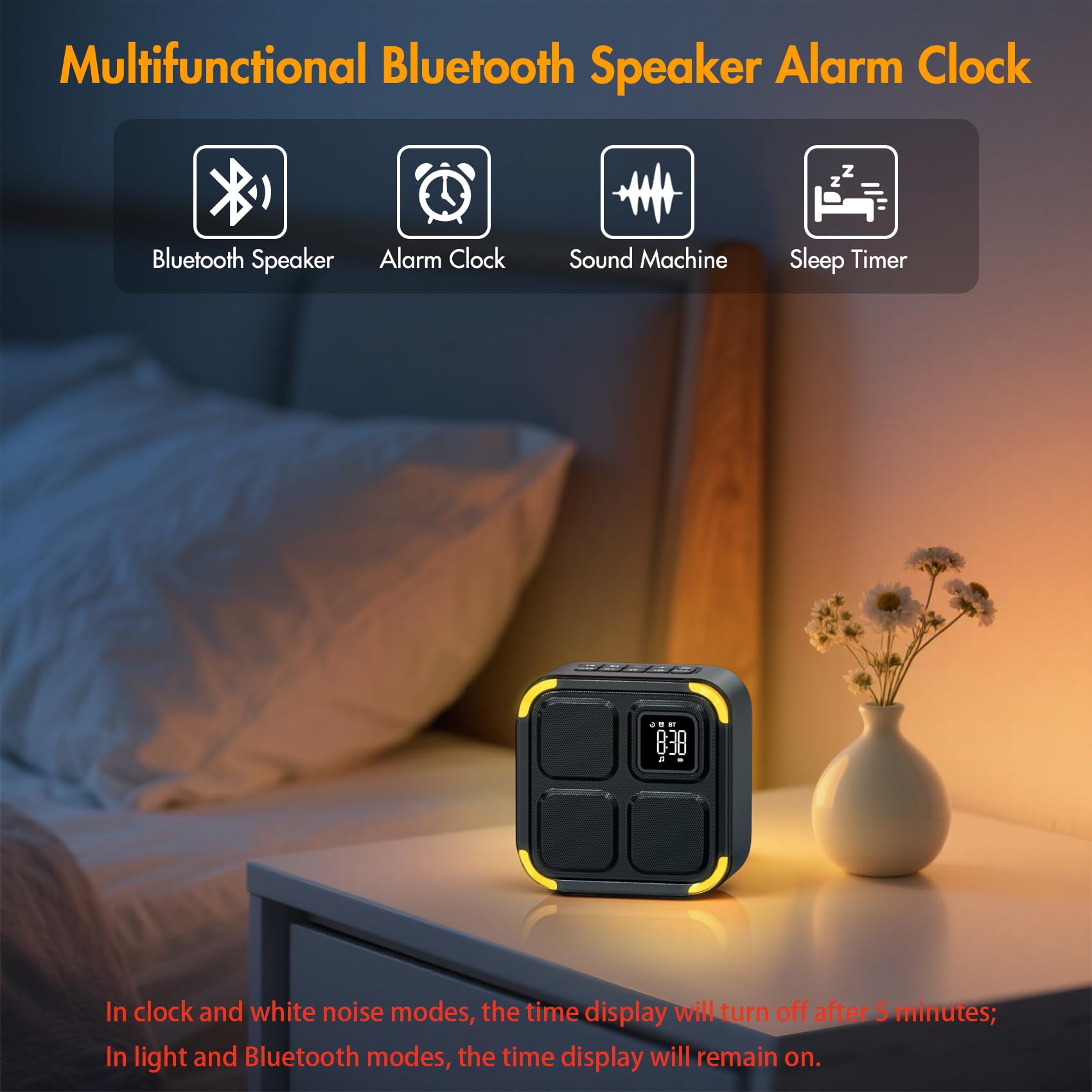 Enceinte Bluetooth 5-en-1 avec veilleuse — machine à bruit blanc, 30 sons, réveil LED