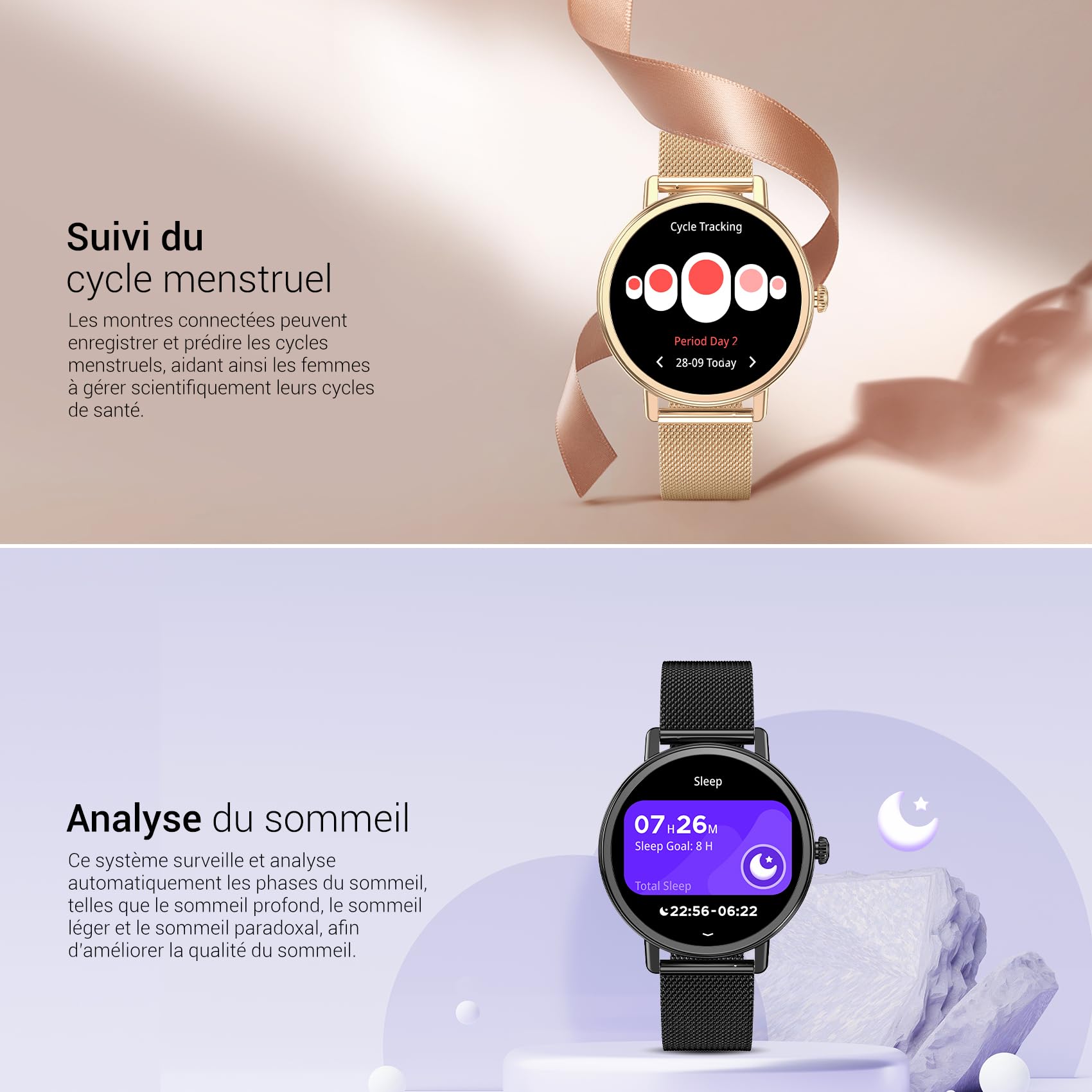 Montre connectée femme 1,26 pouces appel Bluetooth suivi cycle menstruel
