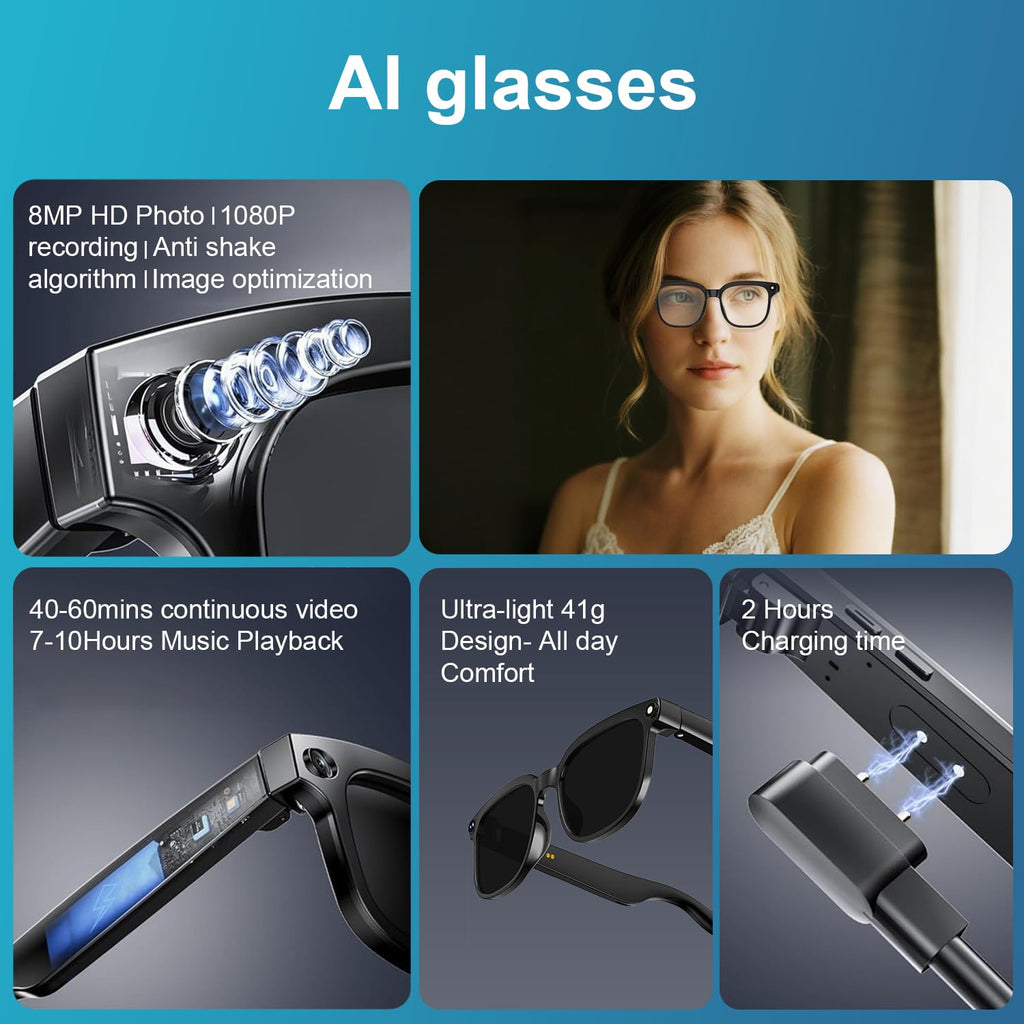 Lunettes connectées IA caméra 4K — monture fine, photo & vidéo mains libres