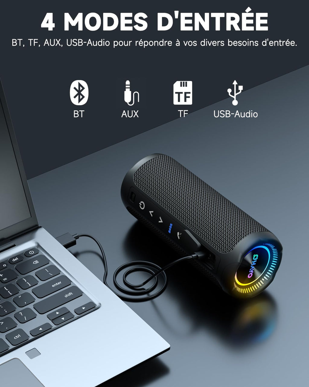 Enceinte Bluetooth lumineuse 25W — woofer + tweeter, 6 effets RGB, IPX7, 24h