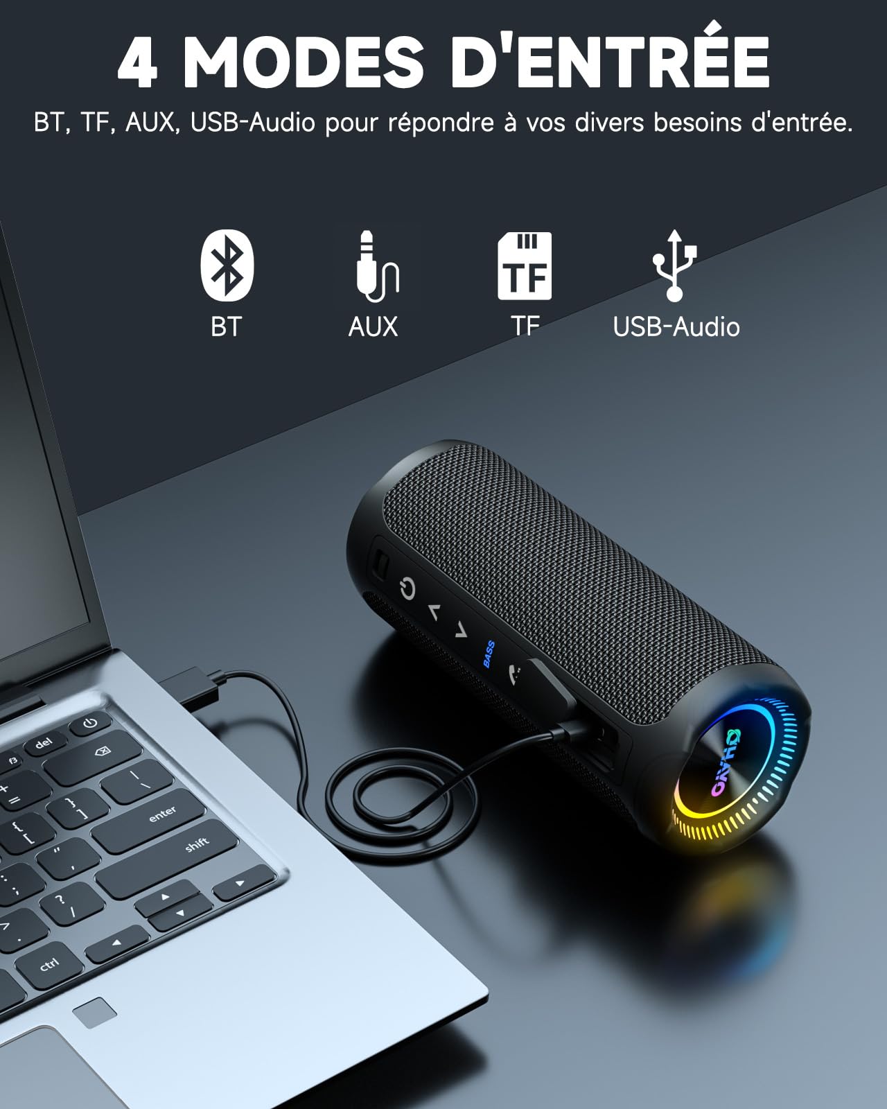 Enceinte Bluetooth lumineuse 25W — woofer + tweeter, 6 effets RGB, IPX7, 24h